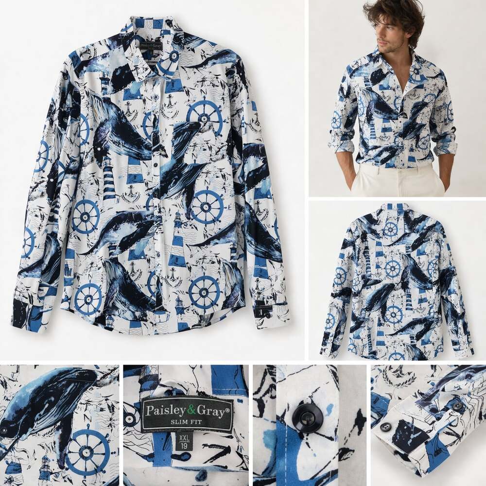 Paisley & Gray Slim Fit Nautical Whale & Lighthouse Print Shirt,‎ Size XXL